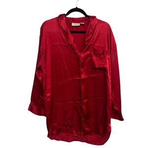 Victoria's Secret Red Satin Pajama Top M Button‎ Front Logo Romantic Glam Sleep